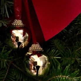 Golden bells, red ribbon, green wreath - photo print