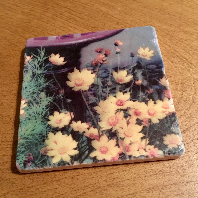 Orange flowers by the bird bath - marble coaster - Primary Image