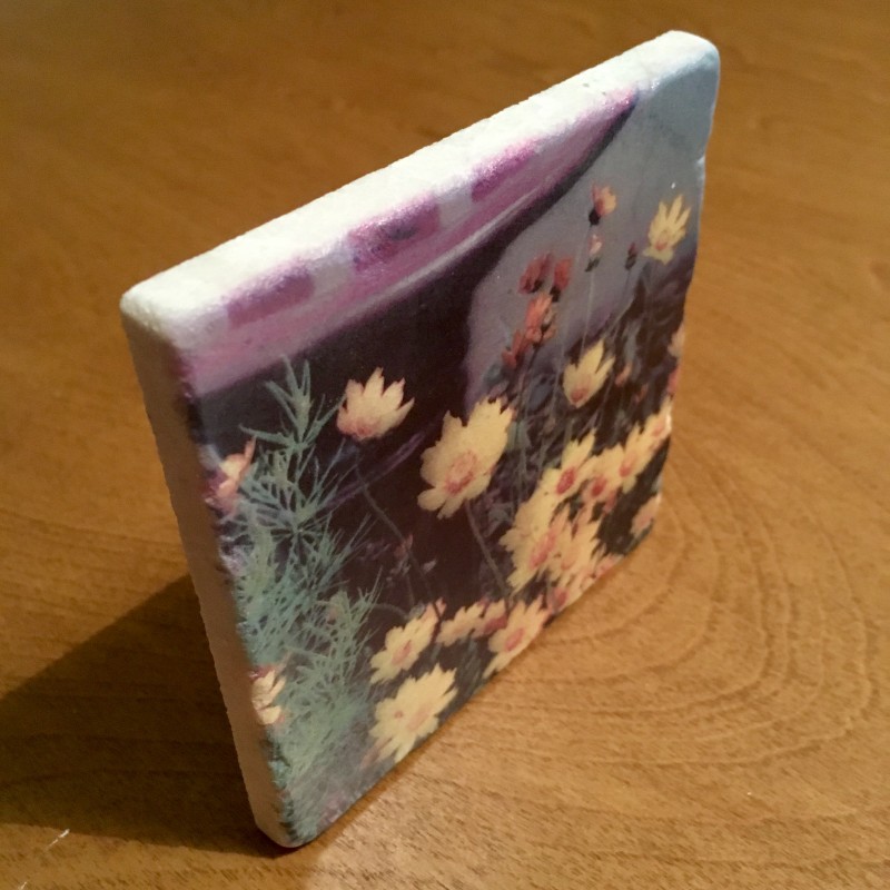Orange flowers by the bird bath - marble coaster - Additional Image 1