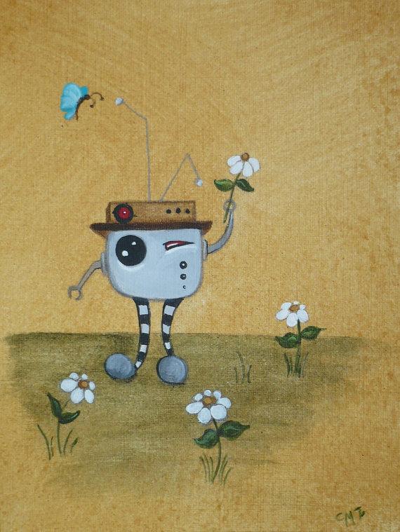 robot with white flowers