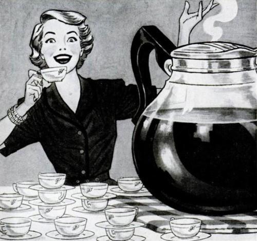 black and white lady with coffee cups and pot