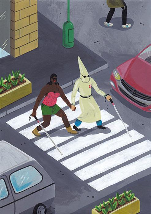 blind black and kkk walking across the street
