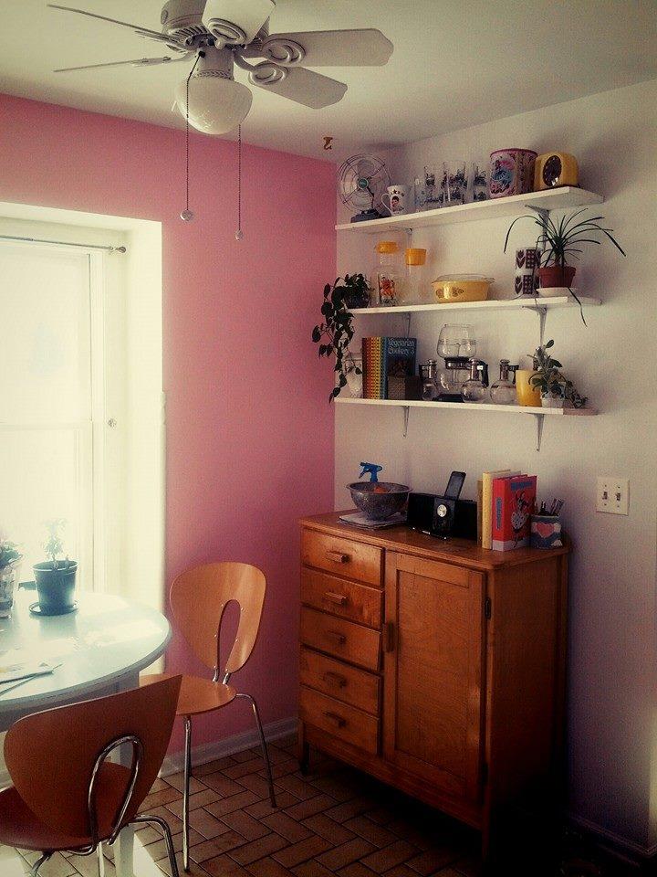 pink kitchen shelves