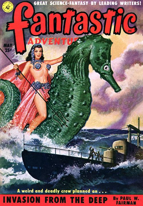 water queen riding a sea horse takes on a submarine
