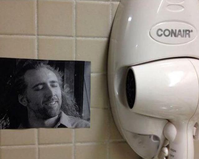 Nicolas Cage getting a blowdry