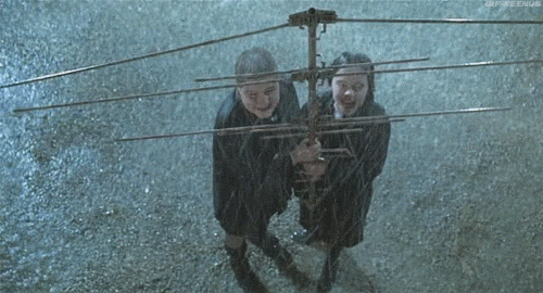 Pugsley and Wednesday holding an antenna in the rain