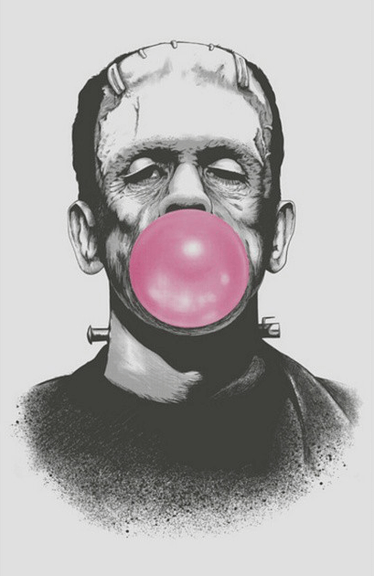 Frankenstein blowing a bubble