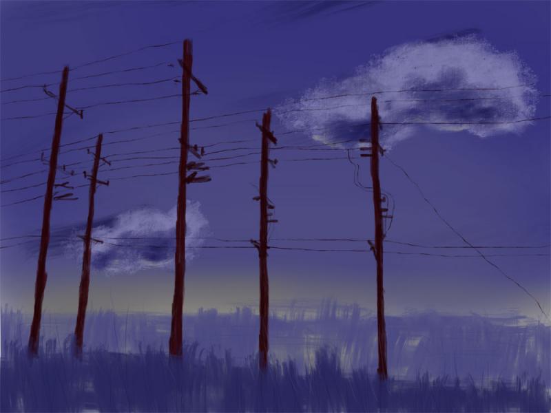 Telephone poles on a purple sky