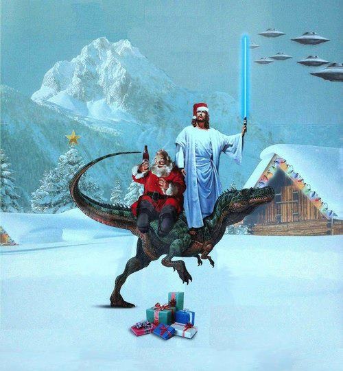 Santa and Jesus with a lightsaber on a dinosaur