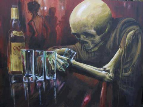 Skeleton alone drinking at a bar