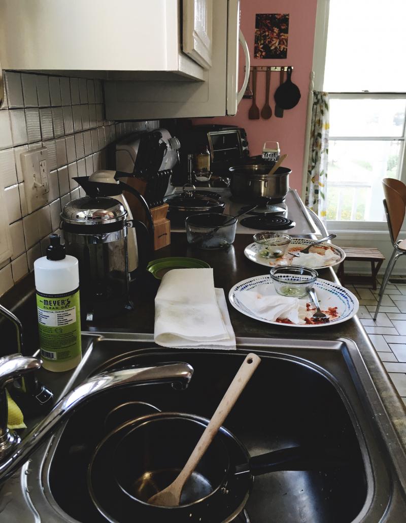 A messy kitchen counter