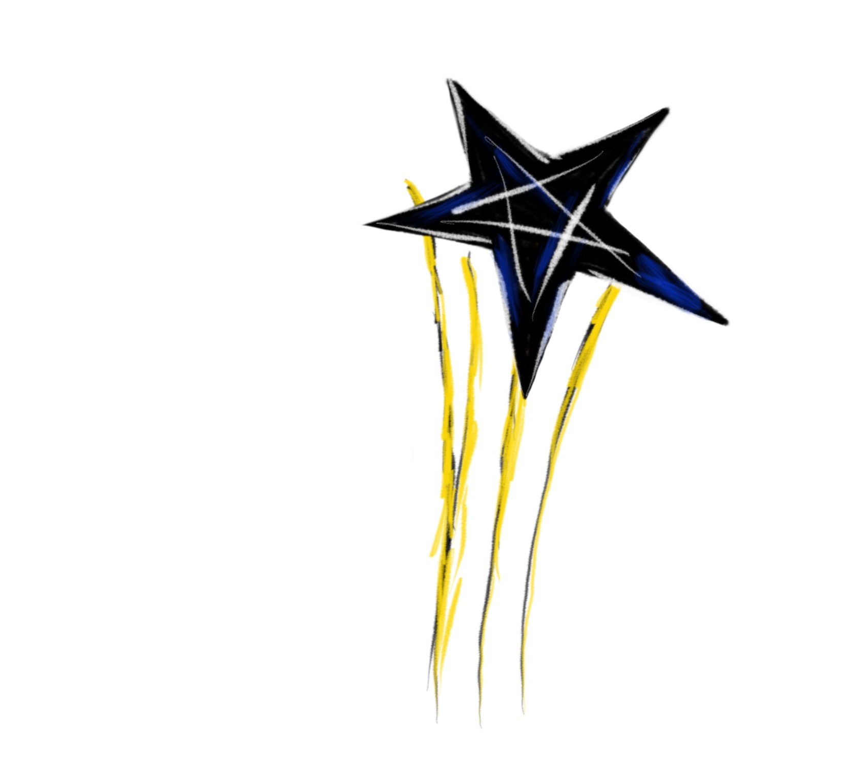 Black star with white blue and yellow trails