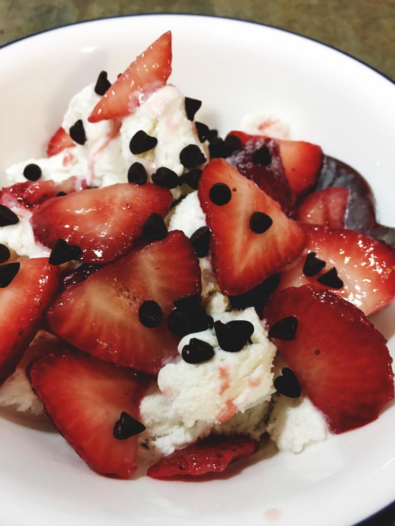 Ice cream and strawberries and mini chocolate chips