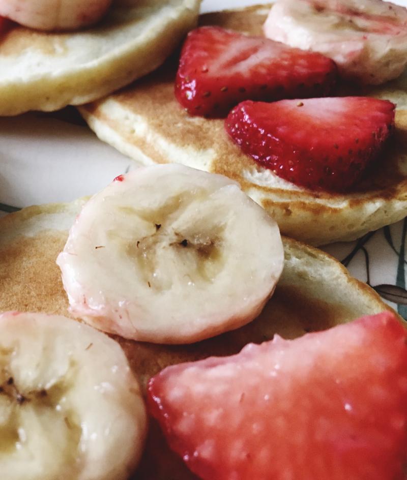 Bananas, strawberries, pancakes