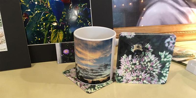 Evergreen silhouette coffee mug and Bee with purple wings coaster