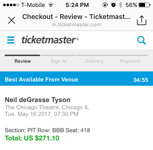 Neil deGrasse Tyson tickets for $271.10