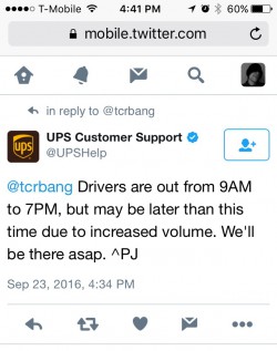 UPS relies to tcrbang on Twitter