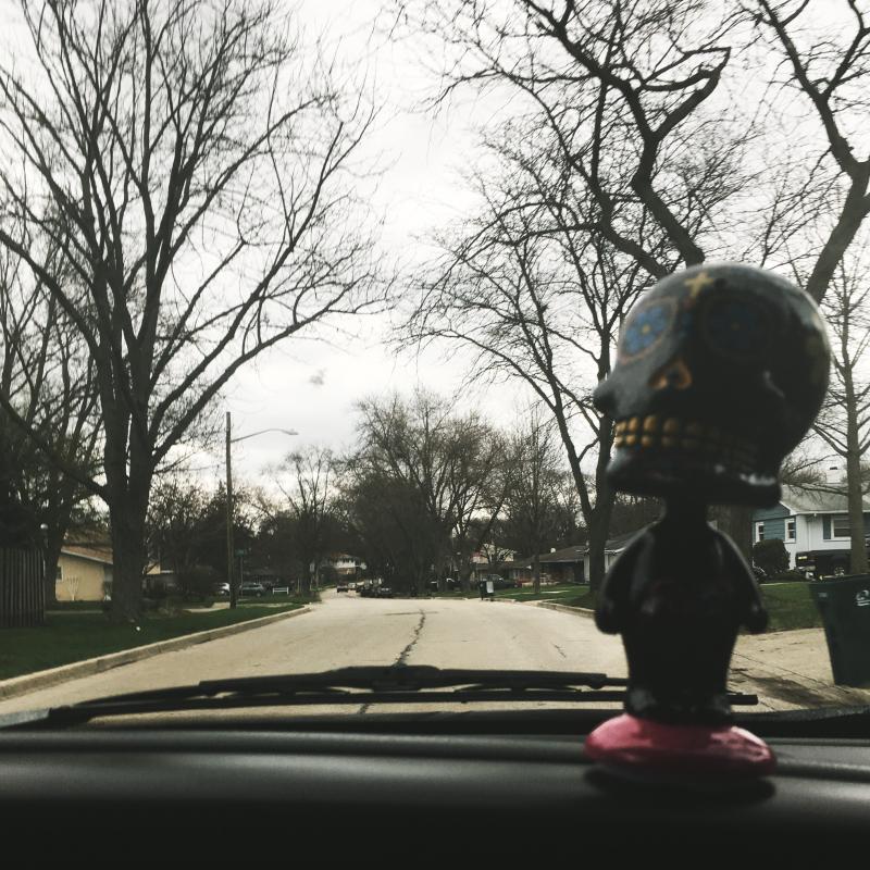 Rolling home with sugar skull bobble head