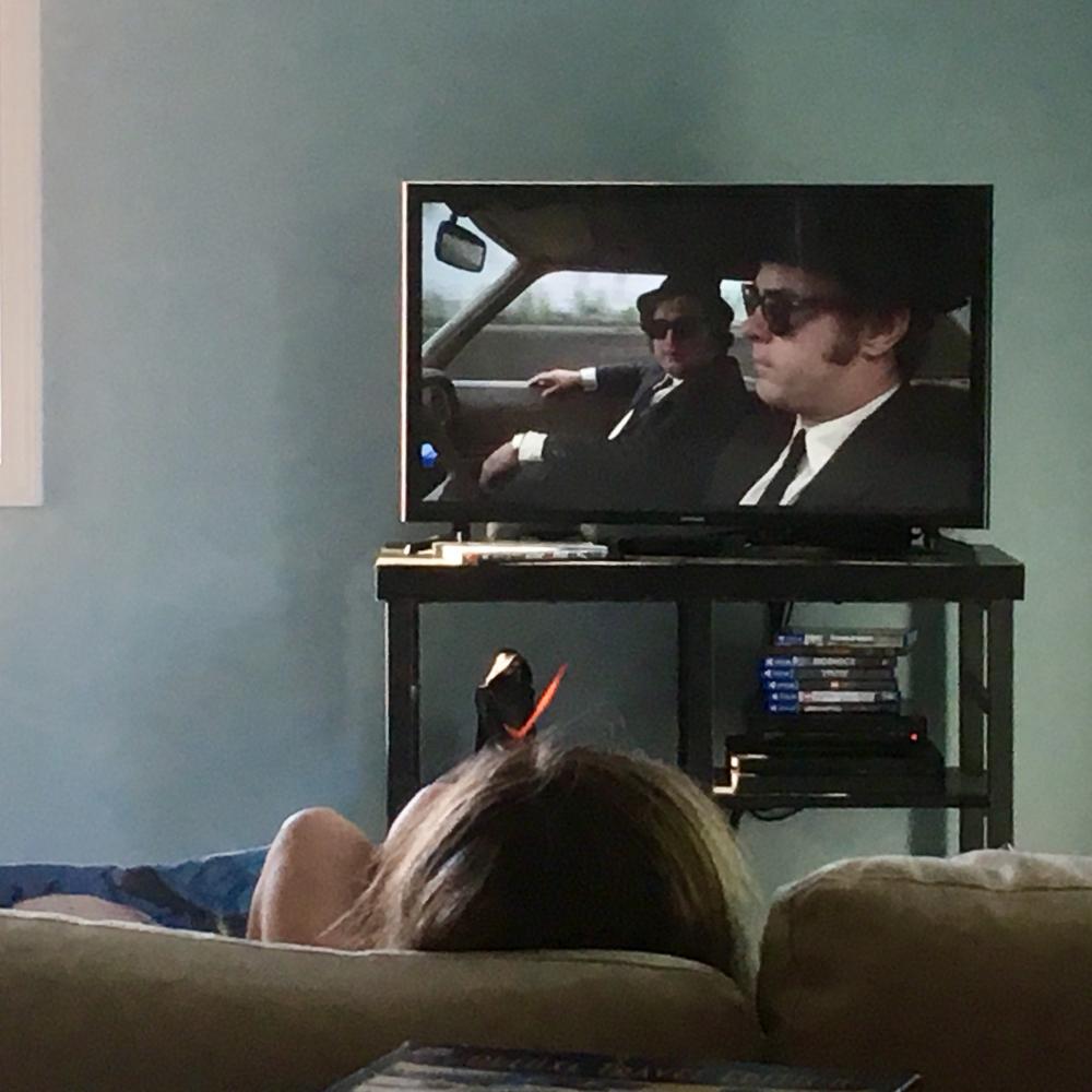 Maggie watching the Blues Brothers