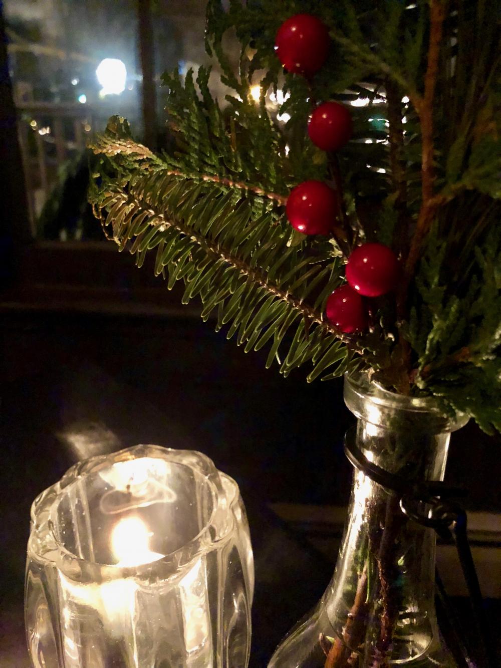 Festive holiday plant with candle