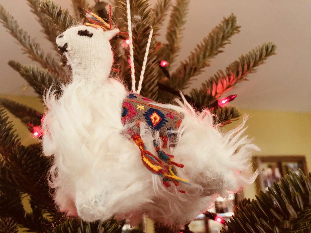 Fuzzy llama Christmas ornament