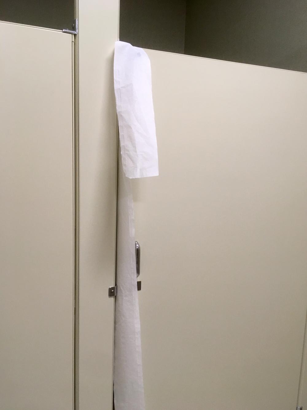 Toilet paper again hanging over the stall door