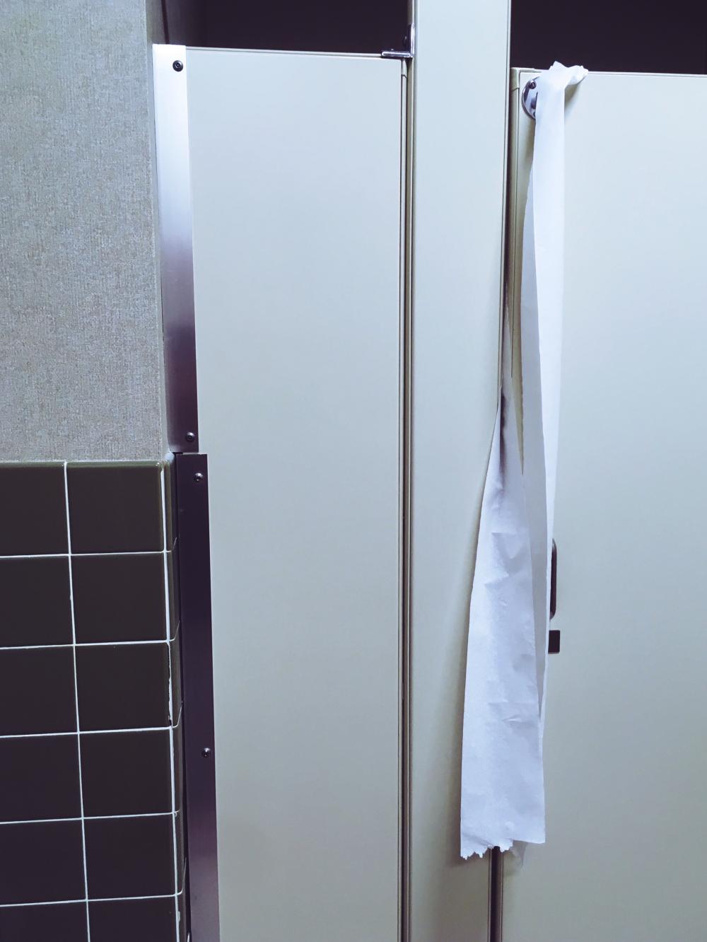 Toilet paper hanging over the stall door