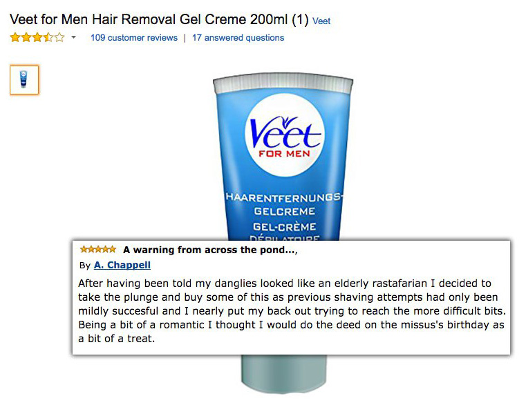 Customer leaves an epic review about his experience with hair removal gel