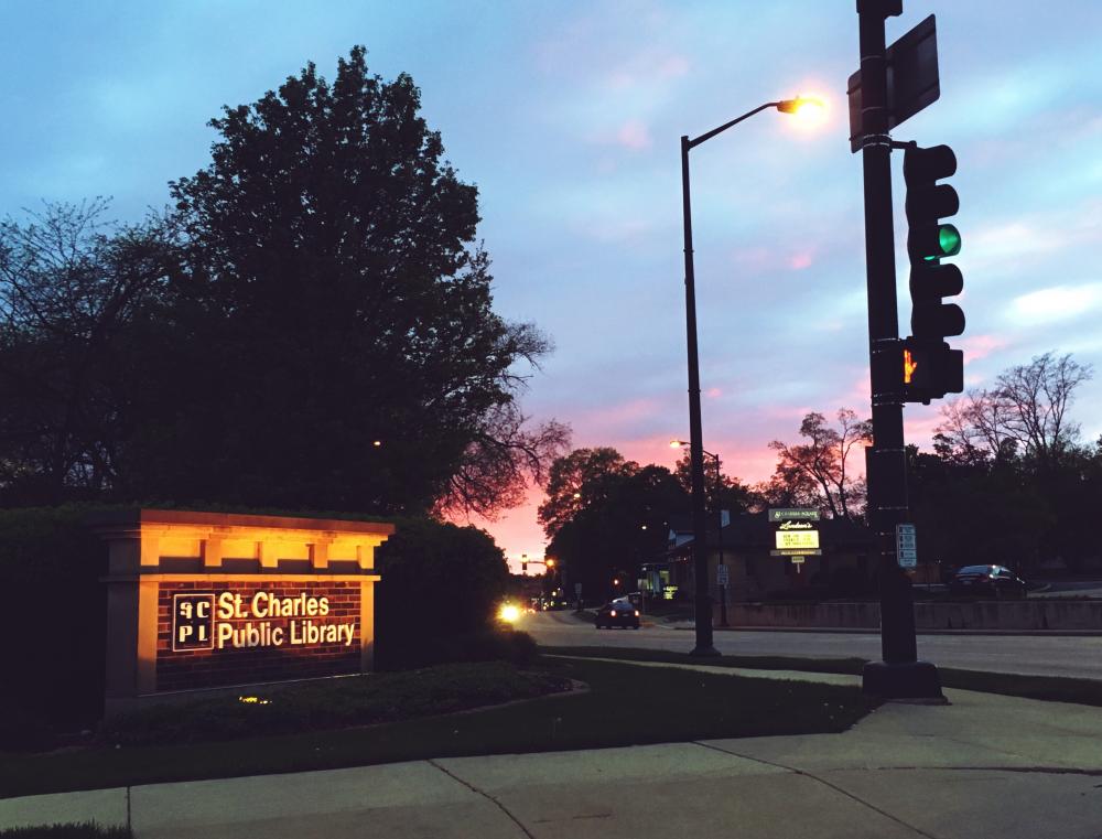 St Charles Public Library sign at night