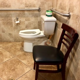 Restroom with a toilet and a chair