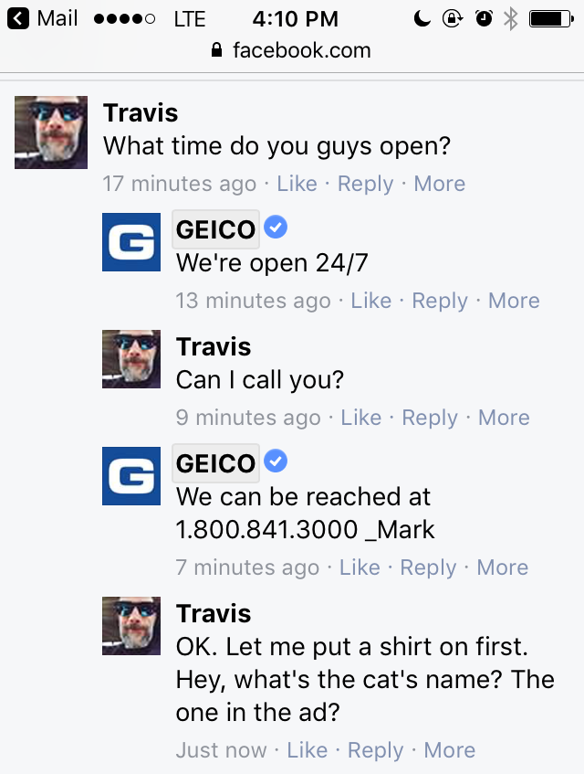 Facebook conversation with GEICO about their cat ad