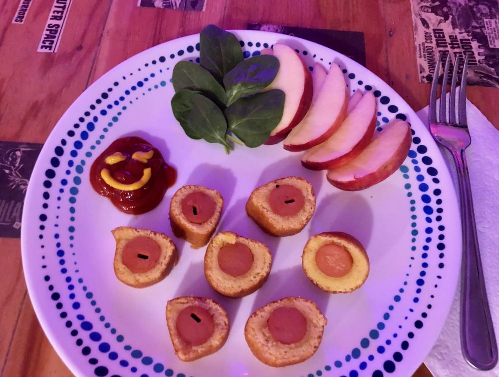 Spinach apples corn dogs