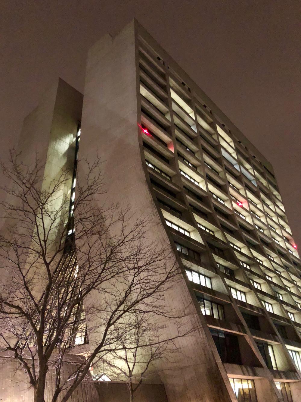 Fermilabs Wilson Hall at night