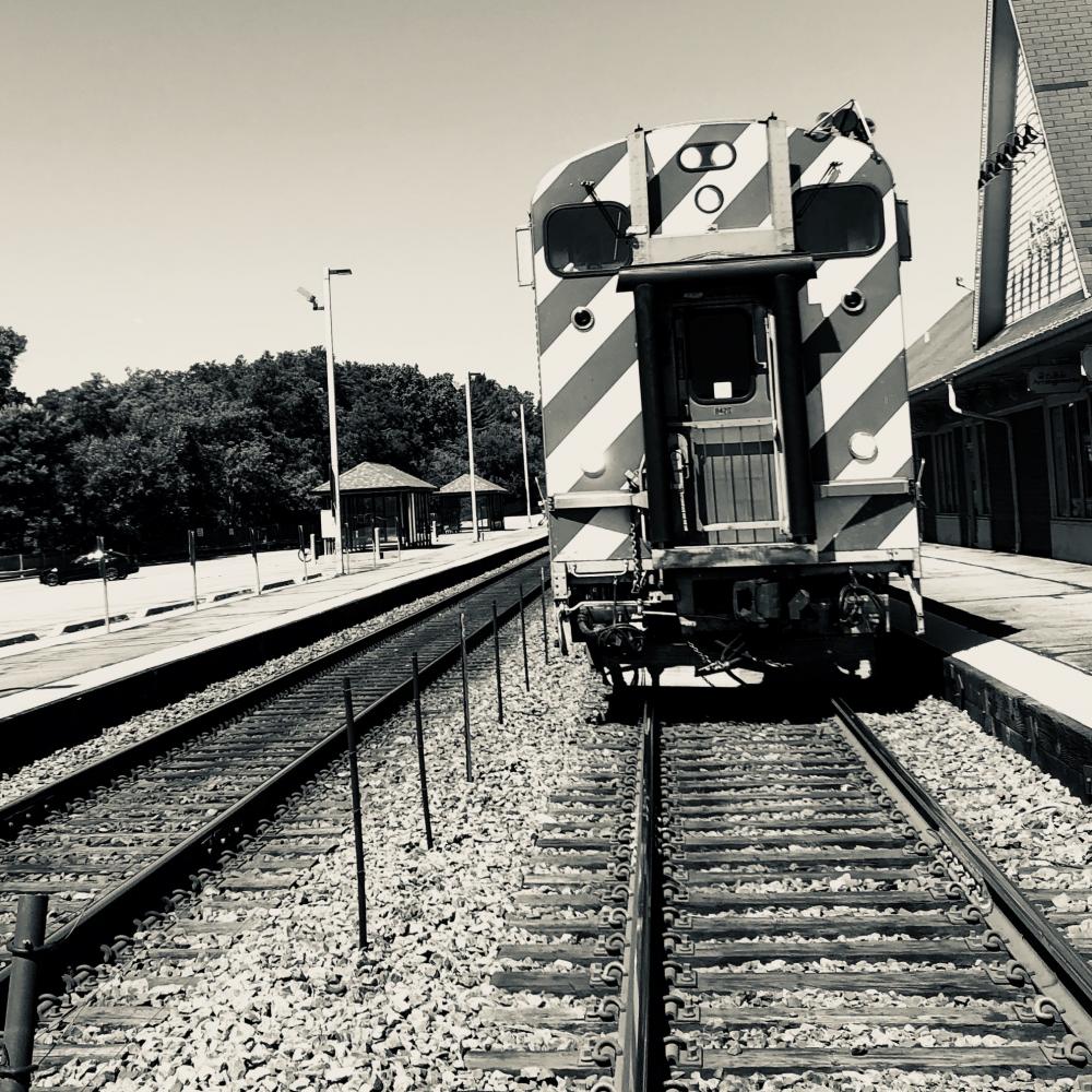 Black and white Metra train