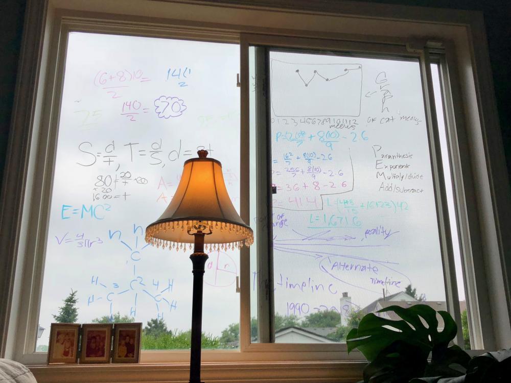 Expo marker formulas on the family room window