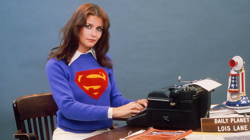 Margot Kidder in Superman sweatshirt