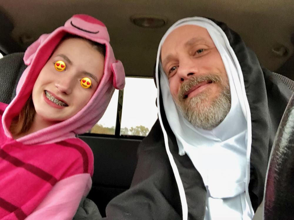 Maggie as Piglet and me as a nun