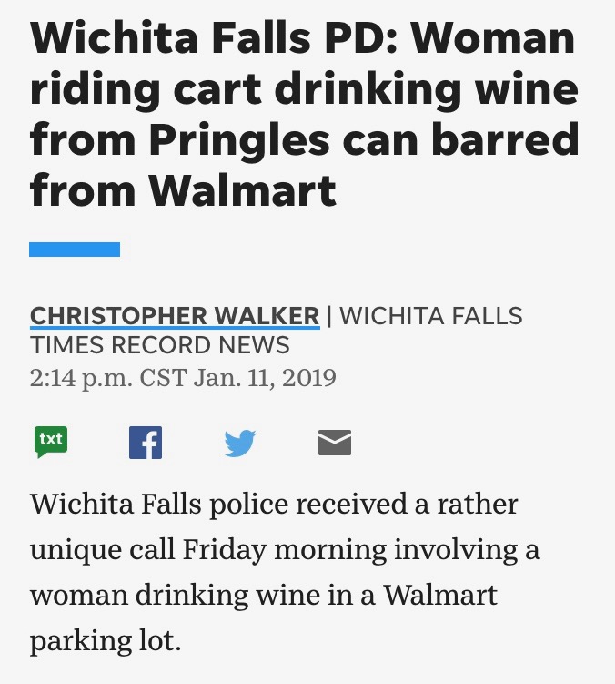 Woman riding cart drinking wine from Pringles barred from Walmart