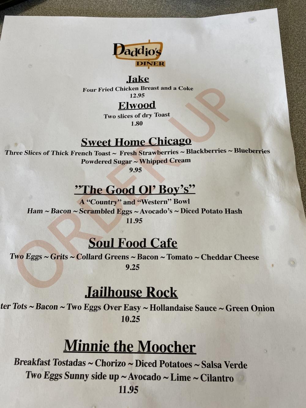 Daddios Blues Brother menu