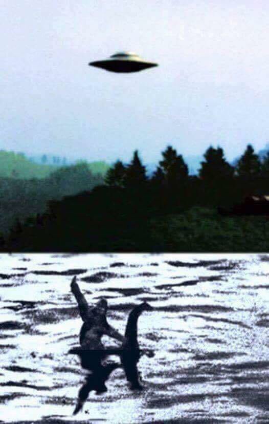 Bigfoot riding Nessie while flipping off the world while a UFO flies overhead