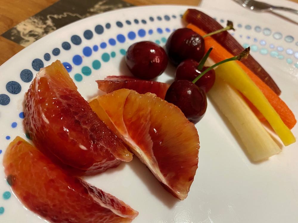 Blood oranges, sweet cherries, and tricolored carrots