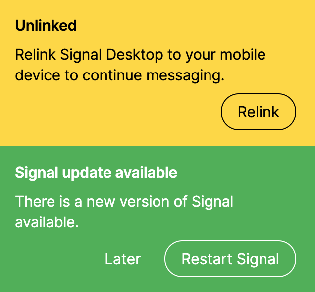 Signal unlinked and update available